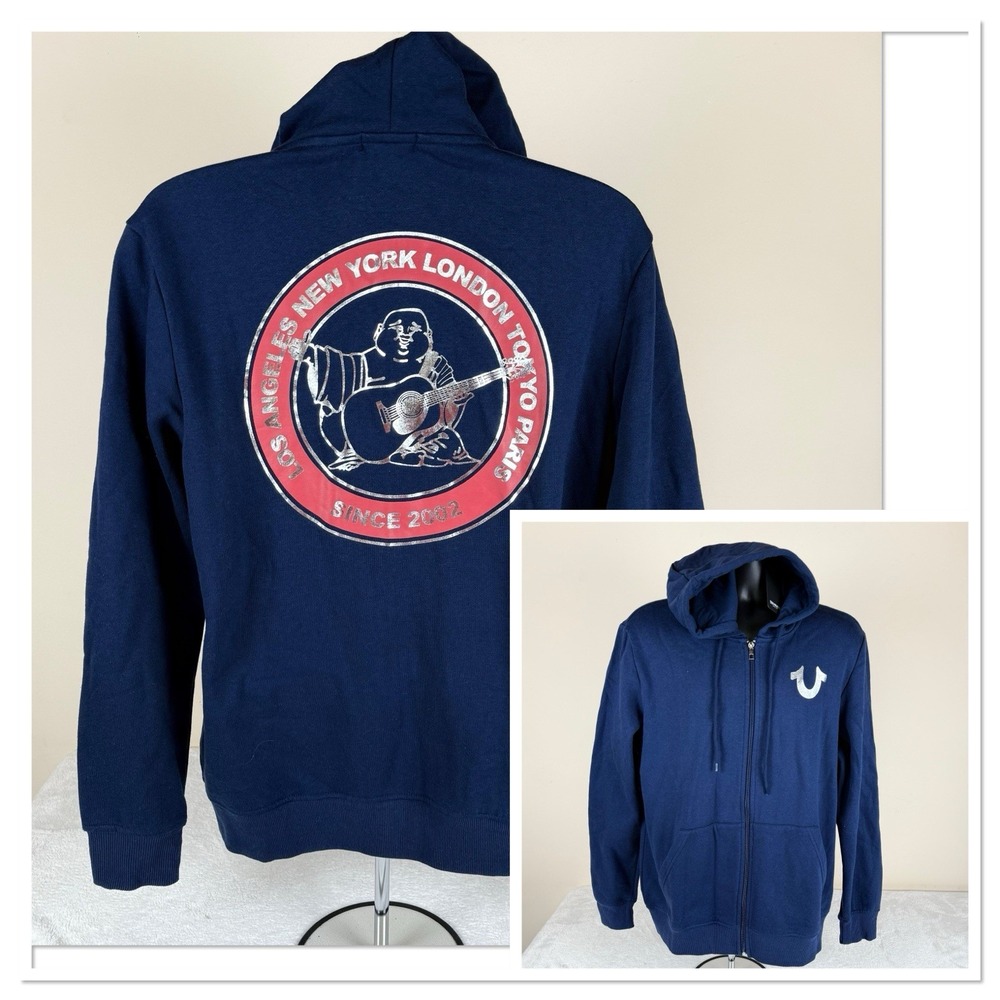 True Religion City Buddha Full Zip Hoodie Jacket Mens‎ Large Blue New 46" Chest